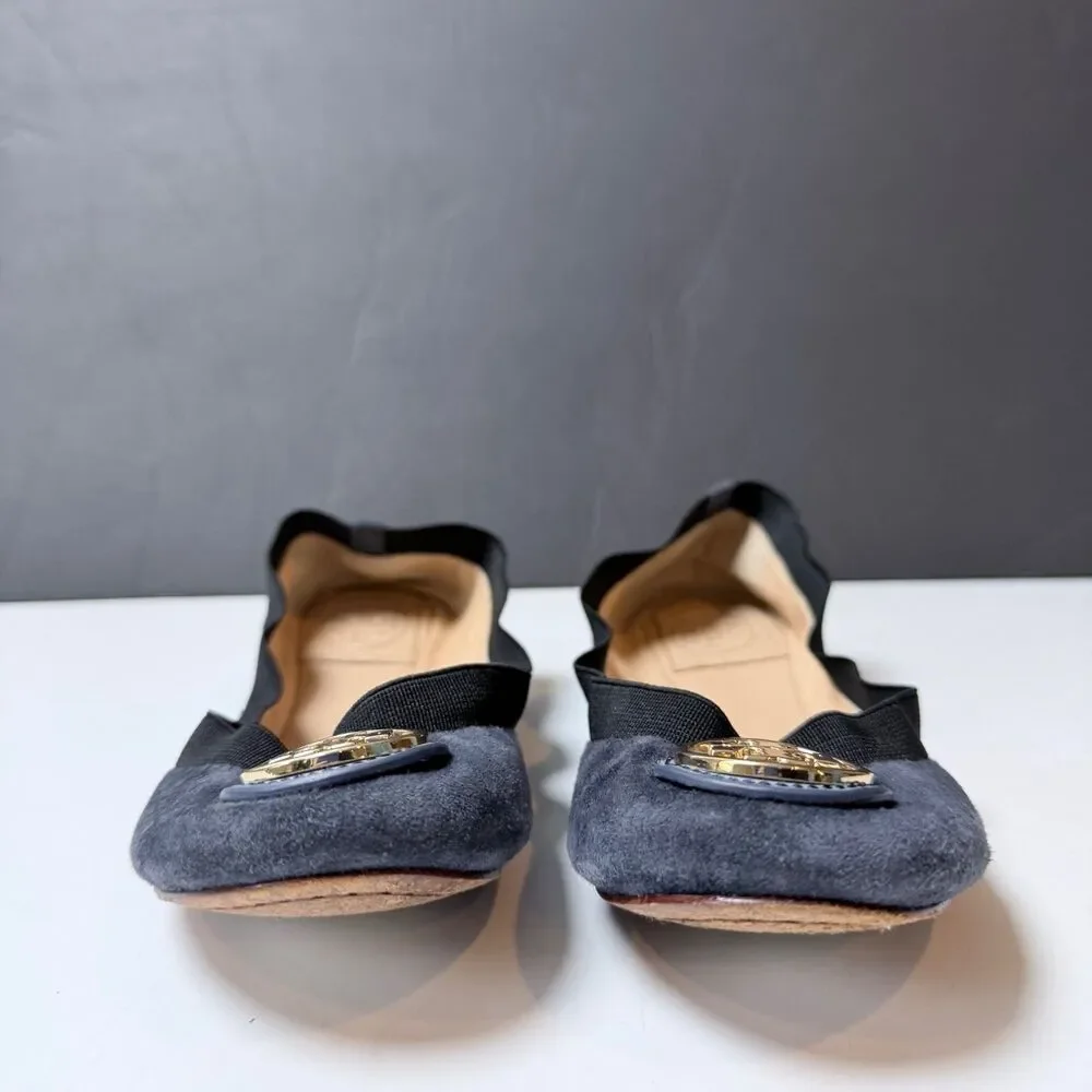 Tory Burch Caroline Ballet Flats Navy Blue Suede Gold Logo Leather Size 5.5